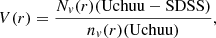 $$ \begin{aligned} V(r) = \frac{N_{v}(r)(\mathrm{Uchuu-SDSS})}{n_{v}(r)(\mathrm{Uchuu})}, \end{aligned} $$