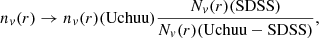 $$ \begin{aligned} n_{v}(r) \rightarrow n_{v}(r)(\mathrm{Uchuu})\frac{N_{v}(r)(\mathrm{SDSS})}{N_{v}(r)(\mathrm{Uchuu-SDSS})}, \end{aligned} $$