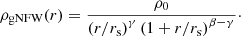 $$ \begin{aligned} \rho _{\rm gNFW}(r) = \frac{\rho _0}{\left(r/r_{\rm s}\right)^\gamma \left(1+r/r_{\rm s}\right)^{\beta -\gamma }}\cdot \end{aligned} $$