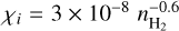 ${\chi _i} = 3 \times {10^{ - 8}}n_{{{\rm{H}}_2}}^{ - 0.6}$