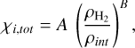 ${\chi _{i,tot}} = A\,\,{\left( {{{{\rho _{{{\rm{H}}_2}}}} \over {{\rho _{int}}}}} \right)^B},$