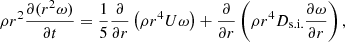 $$ \begin{aligned} \rho r^2 \frac{\partial (r^2 \omega )}{\partial t} = \frac{1}{5} \frac{\partial }{\partial r} \left( \rho r^4 U \omega \right) + \frac{\partial }{\partial r} \left( \rho r^4 D_\mathrm{s.i.} \frac{\partial \omega }{\partial r} \right), \end{aligned} $$