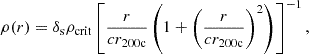 $$ \begin{aligned} \rho (r)=\delta _{\rm s}\rho _{\rm crit}\left[\frac{r}{cr_{\rm 200c}}\left(1+\left(\frac{r}{cr_{\rm 200c}}\right)^2\right)\right]^{-1}, \end{aligned} $$