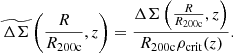 $$ \begin{aligned} \widetilde{\Delta \Sigma } \left(\frac{R}{R_{\rm 200c}},z\right)= \frac{\Delta \Sigma \left(\frac{R}{R_{\rm 200c}},z\right)}{R_{\rm 200c}\rho _{\rm crit}(z)}. \end{aligned} $$