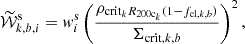 $$ \begin{aligned} \widetilde{\mathcal{W} }_{k,b,i}^{\mathrm{s}} = { w}_i^{\mathrm{s}} \left(\frac{\rho _{\mathrm{crit}_{k} R_{\mathrm{200c}_{k}}(1-f_{\mathrm{cl},k,b})}}{ \Sigma _{\mathrm{crit},k,b}}\right)^2, \end{aligned} $$