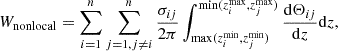 $$ \begin{aligned} W_{\rm nonlocal}&=\sum _{i=1}^{n}\sum _{j=1,j\ne i}^{n} \frac{\sigma _{ij}}{2\pi } \int ^{\mathrm{min}(z_i^\mathrm{max},z_j^\mathrm{max})}_{\mathrm{max}(z_i^\mathrm{min},z_j^\mathrm{min})} \frac{\mathrm{d} \Theta _{ij}}{\mathrm{d}z} \mathrm{d}z , \end{aligned} $$