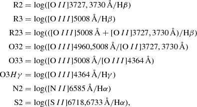 $$ \begin{aligned} \mathrm{R2}&= \log ([\mathrm O\,II ]3727, 3730\,\AA /\mathrm{H} \beta ) \\ \mathrm{R3}&= \log ([\mathrm O\,III ]5008\,\AA /\mathrm{H} \beta ) \\ \mathrm{R23}&= \log (([\mathrm O\,III ]5008\,\AA + [\mathrm O\,II ]3727, 3730\,\AA )/\mathrm{H} \beta ) \\ \mathrm{O32}&= \log ([\mathrm O\,III ]4960,5008\,\AA /[\mathrm O\,II ]3727, 3730\,\AA ) \\ \mathrm{O33}&= \log ([\mathrm O\,III ]5008\,\AA /[\mathrm O\,III ]4364\,\AA ) \\ \mathrm O3H\gamma&= \log ([\mathrm O\,III ]4364\,\AA /\mathrm{H} \gamma ) \\ \mathrm{N2}&= \log ([\mathrm N\,II ]6585\,\AA / \mathrm{H} \alpha ) \\ \mathrm{S2}&= \log ([\mathrm S\,II ]6718,6733\,\AA / \mathrm{H} \alpha ), \\ \end{aligned} $$