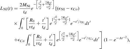 $$ \begin{aligned} L_{\rm Ni}(t)&= \frac{2M_{\rm Ni}}{t_{d}}e^{-\left[\frac{t^{2}}{t^{2}_{d}} + \frac{2R_{0}t}{vt^{2}_{d}}\right]}\left[(\epsilon _{\rm NI}-\epsilon _{Co}) \right.\nonumber \\&\times \int ^{t}_{0}\left[\frac{R_{0}}{vt_{d}} +\frac{t^{\prime }}{t_{d}}\right]e^{[\frac{t^{\prime 2}}{t^{2}_{d}} + \frac{2R_{0}t^{\prime }}{vt^{2}_{d}}]}e^{-t^{\prime }/t_{Ni}}dt^{\prime } \nonumber \\&\left. + \epsilon _{Co}\int ^{t}_{0}\left[\frac{R_{0}}{vt_{d}} +\frac{t^{\prime }}{t_{d}}\right]e^{\left[\frac{t^{\prime 2}}{t^{2}_{d}} + \frac{2R_{0}t^{\prime }}{vt^{2}_{d}}\right]}e^{-t^{\prime }/t_{Co}}dt^{\prime }\right](1-e^{-At^{-2}}) , \end{aligned} $$