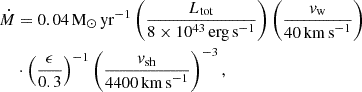 $$ \begin{aligned} \dot{M}&= 0.04 \,\mathrm{M_{\odot }\,yr}^{-1}\left(\frac{L_{\rm tot}}{8\times 10^{43}\,\mathrm{erg\,s}^{-1}}\right) \left(\frac{v_{\rm w}}{40\,\mathrm{km\,s}^{-1}}\right)\nonumber \\&\cdot \left(\frac{\epsilon }{0.3}\right)^{-1} \left(\frac{v_{\rm sh}}{4400\,\mathrm{km\,s}^{-1}}\right)^{-3}, \end{aligned} $$