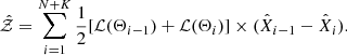 $$ \begin{aligned} \hat{\mathcal{Z} } = \sum _{i=1}^{N+K} \frac{1}{2} [\mathcal{L} (\Theta _{i-1}) + \mathcal{L} (\Theta _i)] \times (\hat{X}_{i-1} - \hat{X}_i). \end{aligned} $$