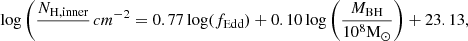 $$ \begin{aligned} \log \left(\frac{N_{\rm H, inner}}\mathrm{cm^{-2}}\right)=0.77\log (f_{\rm Edd})+0.10\log \left(\frac{M_{\rm BH}}{10^8\mathrm{M_\odot }}\right)+23.13, \end{aligned} $$