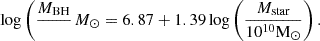 $$ \begin{aligned} \log \left(\frac{M_{\rm BH}}\mathrm{M_\odot }\right)=6.87+1.39 \log \left(\frac{M_{\rm star}}{10^{10}\mathrm {M}_\odot }\right). \end{aligned} $$