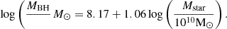 $$ \begin{aligned} \log \left(\frac{M_{\rm BH}}\mathrm{M_\odot }\right)=8.17+1.06\log \left(\frac{M_{\rm star}}{10^{10}\mathrm M_\odot }\right). \end{aligned} $$