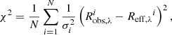 $$ \begin{aligned} \chi ^2=\frac{1}{N}\sum _{i=1}^N\frac{1}{\sigma _{i}^2}\left(R_{\mathrm{obs},\lambda }^{i}-{R_{\mathrm{eff},\lambda }}^i\right)^2, \end{aligned} $$