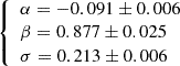 $ \left\{\begin{array}{l} \alpha = -0.091 \pm 0.006\\ \beta = 0.877 \pm 0.025\\ \sigma = 0.213 \pm 0.006\end{array} \right. $