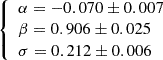 $ \left\{ \begin{array}{l} \alpha = -0.070 \pm 0.007\\ \beta = 0.906 \pm 0.025\\ \sigma = 0.212 \pm 0.006\end{array}\right. $