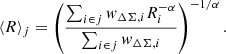 $$ \begin{aligned} \langle R \rangle _j = \left( \frac{\sum _{i \in j} w_{\Delta \Sigma , i} R_i^{-\alpha } }{\sum _{i \in j} w_{\Delta \Sigma , i} } \right)^{-1 / \alpha } . \end{aligned} $$
