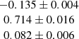 $ \begin{array}{c} -0.135 \pm 0.004\\ 0.714 \pm 0.016 \\ 0.082 \pm 0.006\end{array} $