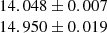 $ \begin{array}{c} 14.048 \pm 0.007 \\ 14.950 \pm 0.019\end{array} $