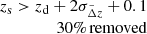 $ \begin{array}{r}z_{\mathrm{s}} > z_{\mathrm{d}} + 2\sigma_{\tilde{\Delta} z} + 0.1\\30\%\,\mathrm{removed}\end{array} $