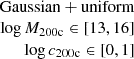 $ \begin{array}{r}\mathrm{Gaussian + uniform}\\ \log M_{\mathrm{200c}} \in [13, 16]\\ \log c_{\mathrm{200c}} \in [0, 1]\end{array} $