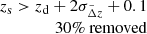 $ \begin{array}{r} z_{\mathrm{s}} > z_{\mathrm{d}} + 2\sigma_{\tilde{\Delta} z} + 0.1\\ 30\%~\mathrm{removed}\end{array} $
