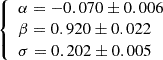 $ \left\{\begin{array}{l} \alpha = -0.070 \pm 0.006 \\ \beta = 0.920 \pm 0.022 \\ \sigma = 0.202 \pm 0.005 \end{array}\right. $