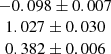 $ \begin{array}{c}-0.098 \pm 0.007 \\ 1.027 \pm 0.030 \\ 0.382 \pm 0.006\end{array} $