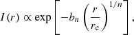 $$ \begin{aligned} I(r) \propto \exp \left[ -b_n \left(\frac{r}{r_\mathrm{e} }\right) ^{1/n} \right] , \end{aligned} $$