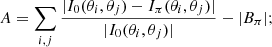 $$ \begin{aligned} A&= \sum _{i,j} \frac{|I_0(\theta _i, \theta _j) - I_{\pi }(\theta _i, \theta _j)|}{|I_0(\theta _i, \theta _j)|} - |B_{\pi }|;\end{aligned} $$