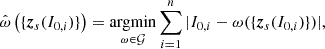 $$ \begin{aligned} \hat{\omega }\left(\{\boldsymbol{z}_s(I_{0,i})\}\right) = \underset{\omega \in \mathcal{G} }{\mathrm{argmin} }\sum _{i=1}^n | I_{0,i} - \omega (\{\boldsymbol{z}_s(I_{0,i})\})| , \end{aligned} $$