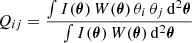 $$ \begin{aligned} Q_{ij} = \frac{\int I(\boldsymbol{\theta })\, W(\boldsymbol{\theta })\,\theta _i\, \theta _j\,\mathrm{d} ^2\boldsymbol{\theta }}{\int I(\boldsymbol{\theta })\, W(\boldsymbol{\theta }) \, \mathrm{d} ^2 \boldsymbol{\theta }} \end{aligned} $$