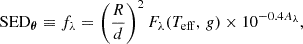 $$ \begin{aligned} \mathrm{SED} _{\boldsymbol{\theta }} \equiv f_\lambda = \left(\frac{R}{d} \right)^2 F_\lambda (T_{\rm eff},\,g) \times 10^{-0.4 A_\lambda }, \end{aligned} $$