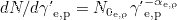 $dN/d{\gamma ^{\prime }}_{\textrm {e,p}} = N_{0_{{\textrm {e,p}}}}{\gamma ^{\prime }}_{\textrm {e,p}}^{-\alpha _{\textrm {e,p}}}$