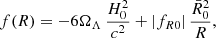 $$ \begin{aligned} f(R) = - 6 {\Omega _\Lambda }\,\frac{H_0^2}{c^2} + |f_{R0}|\,\frac{\bar{R}_0^2}{R}, \end{aligned} $$