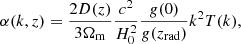 $$ \begin{aligned} \alpha (k,z) = \frac{2 D(z)}{3 \Omega _\mathrm{m} } \frac{c^2}{H_0^2} \frac{g(0)}{g(z_{\rm rad})} k^2 T(k), \end{aligned} $$