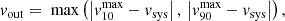$$ \begin{aligned} { v}_{\rm out} = \text{ max} \left( \left|{ v}_{10}^\mathrm{max} - { v}_{\rm sys} \right|, \, \left|{ v}_{90}^\mathrm{max} - { v}_{\rm sys}\right| \right), \end{aligned} $$