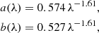 $$ \begin{aligned} a(\lambda )&= 0.574 \, \lambda ^{-1.61},\\ b(\lambda )&= 0.527 \, \lambda ^{-1.61}, \end{aligned} $$