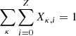 $ \sum_\kappa \sum_{i=0}^{Z} X_{\kappa,i} = 1 $