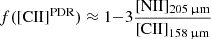 $$ \begin{aligned} f{([\mathrm{CII} ]^\mathrm{PDR})} \approx 1{-}3 \frac{[\mathrm{NII} ]_{205\, \upmu \mathrm m}}{[\mathrm{CII} ]_{158\, \upmu \mathrm m}} \end{aligned} $$
