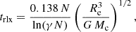 $$ \begin{aligned} t_{\rm rlx}= \frac{0.138\,N}{\ln (\gamma N)} \left( \frac{R_{\rm e}^3}{G\,M_{\rm c}} \right)^{1/2}, \end{aligned} $$