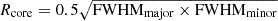 $ R_{\mathrm{core}} = 0.5 \sqrt{\mathrm{FWHM}_{\mathrm{major}} \times \mathrm{FWHM}_{\mathrm{minor}}} $