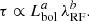 $$ \begin{aligned} \tau \propto L^{a}_{\rm bol}\,\lambda ^{b}_{\rm RF}. \end{aligned} $$