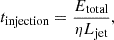 $$ \begin{aligned} t_{\rm injection} = \frac{E_{\rm total}}{\eta L_{\rm jet}}, \end{aligned} $$