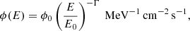$$ \begin{aligned} \phi (E) = \phi _0 \left( \frac{E}{E_0} \right) ^{- \Gamma } \ \mathrm{MeV^{-1} \, cm^{-2} \, s^{-1} }, \end{aligned} $$