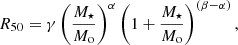 $$ \begin{aligned} R_{50} = \gamma \left(\frac{M_{\star }}{M_{\rm o}}\right)^{\alpha } \left(1+ \frac{M_{\star }}{M_{\rm o}}\right)^{(\beta -\alpha )}, \end{aligned} $$