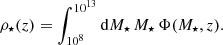 $$ \begin{aligned} \rho _{\star }(z) = \displaystyle \int _{10^8}^{10^{13}}{\mathrm{d}} M_{\star } \, M_{\star } \, \Phi (M_{\star }, z). \end{aligned} $$