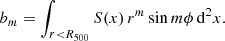 $$ \begin{aligned} b_m = \int _{r < R_{500}} S(x) \, r^m \sin m\phi \, \mathrm{d} ^2 x. \end{aligned} $$