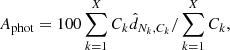 $$ \begin{aligned} A_\mathrm{phot} = 100 \sum ^{X}_{k=1} C_k \hat{d}_{N_{k},C_{k}} / \sum _{k=1}^{X} C_k, \end{aligned} $$