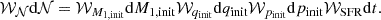 $$ \begin{aligned} {\mathcal{W} }_{\mathcal{N} } \mathrm{d}{\mathcal{N} } = {\mathcal{W} }_{M_{1, \mathrm {init}}} \mathrm{d}{M_{1, \mathrm {init}}}{\mathcal{W} }_{q_{\rm init}} \mathrm{d}{q_{\rm init}}{\mathcal{W} }_{p_{\rm init}} \mathrm{d}{p_{\rm init}}{\mathcal{W} }_{\rm SFR} \mathrm{d}{t}. \end{aligned} $$
